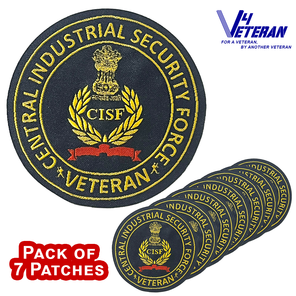 CISF Veteran Iron-On Woven/ Embroidered Patches (DIY) for T-Shirts, Bags, Tracksuits & Waistcoats (Pack of 7)