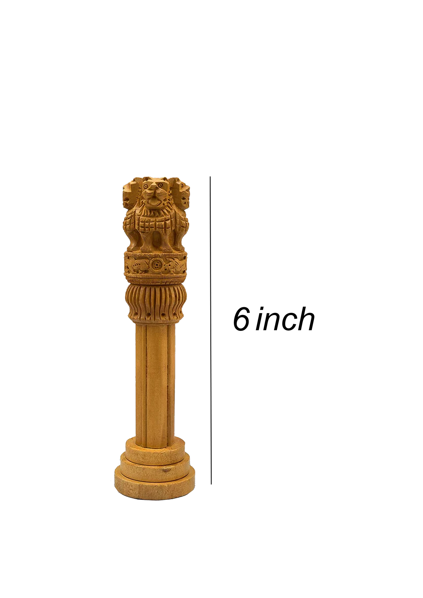 Hand-Carved Wooden Ashoka Stambh - Indian National Emblem Showpiece (6")