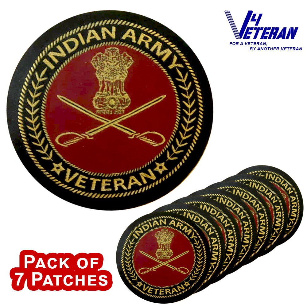 Indian Army Veteran Iron-On Woven/ Embroidered Patches (DIY) for T-Shirts, Bags, Tracksuits & Waistcoats (Pack of 7)