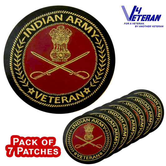 Indian Army Veteran Iron-On Woven/ Embroidered Patches (DIY) for T-Shirts, Bags, Tracksuits & Waistcoats (Pack of 7)