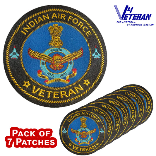 Indian Air Force Veteran Iron-On Woven/ Embroidered Patches (DIY) for T-Shirts, Bags, Tracksuits & Waistcoats (Pack of 7)