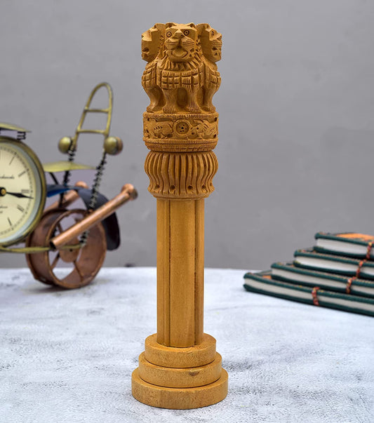 Hand-Carved Wooden Ashoka Stambh - Indian National Emblem Showpiece (10inc.)