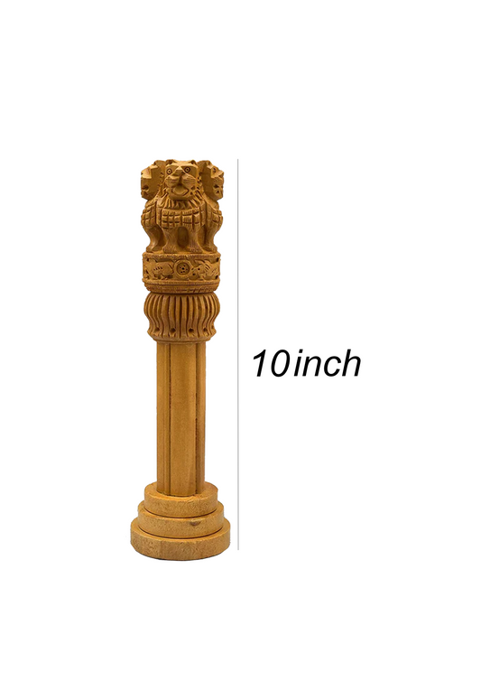 Hand-Carved Wooden Ashoka Stambh - Indian National Emblem Showpiece (10")