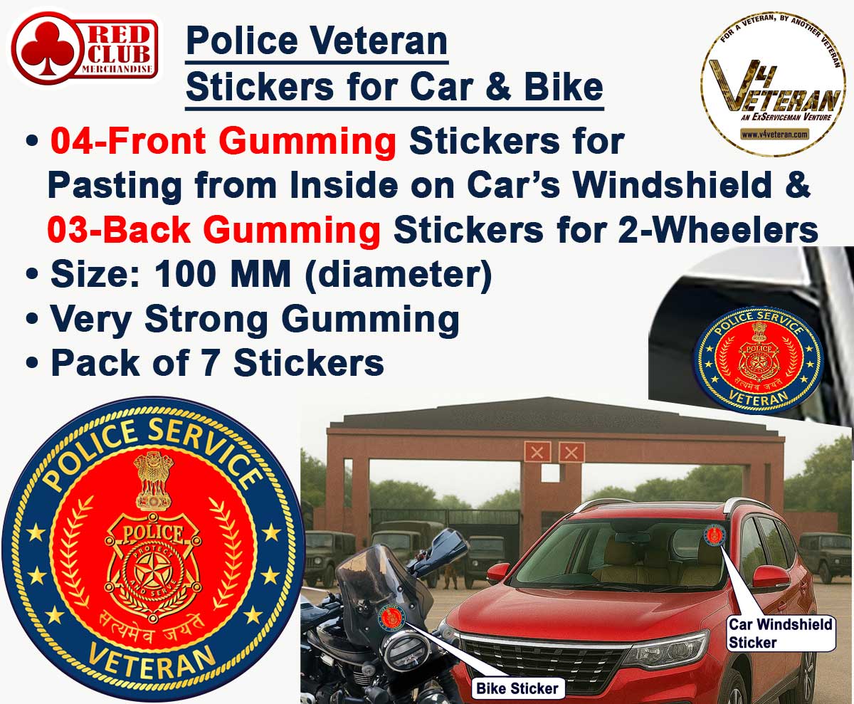 Police Service Veteran Car & Bike Stickers – 4 Inside Glass for Cars + 3 Back Gumming for 2-Wheelers (7 pcs)