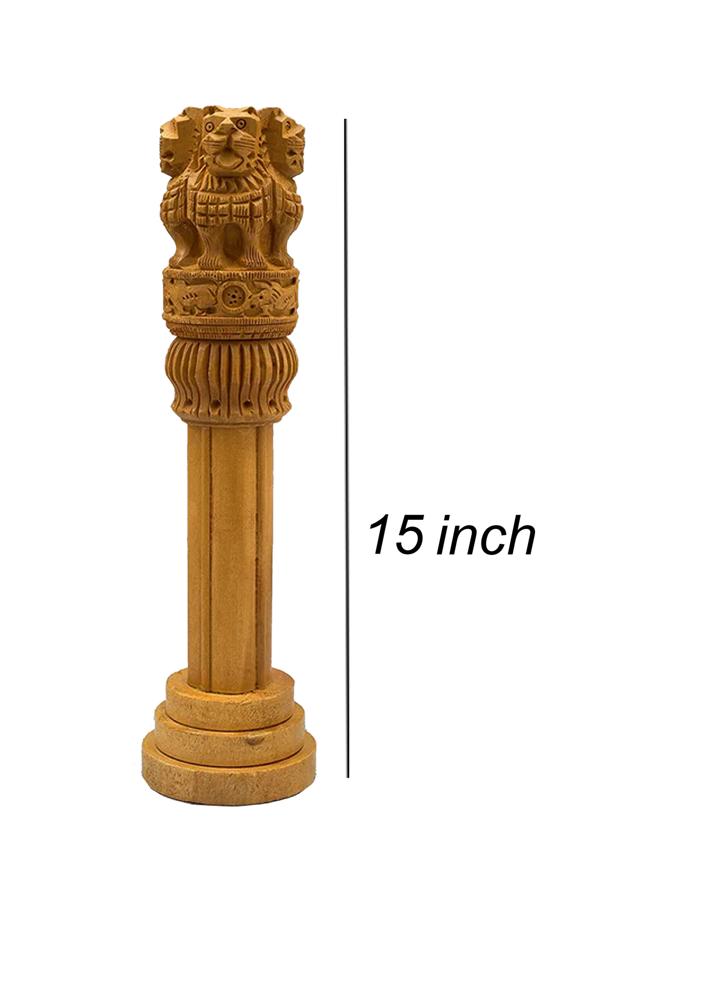 Hand-Carved Wooden Ashoka Stambh - Indian National Emblem Showpiece (15")