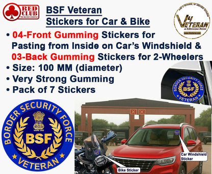 BSF Veteran Car & Bike Stickers – 4 Inside Glass for Cars + 3 Back Gumming for 2-Wheelers (7 pcs)