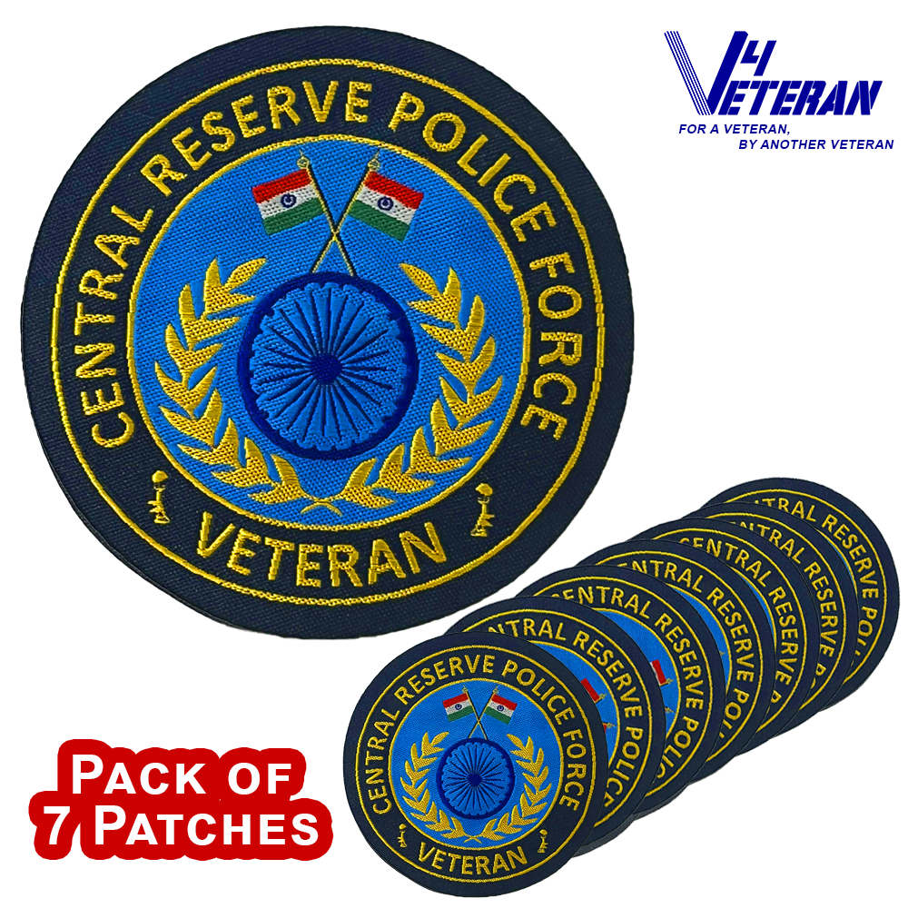 CRPF Veteran Iron-On Woven/ Embroidered Patches (DIY) for T-Shirts, Bags, Tracksuits & Waistcoats (Pack of 7)