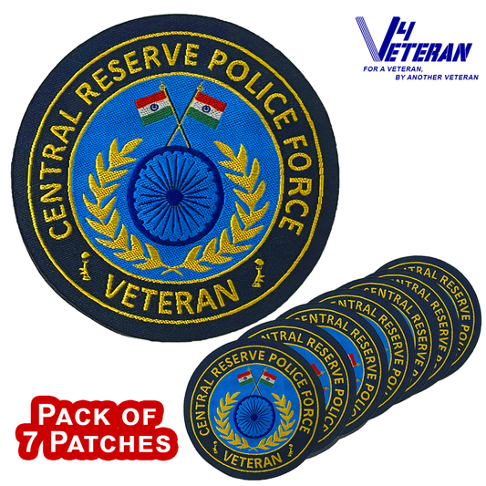 CRPF Veteran Iron-On Woven/ Embroidered Patches (DIY) for T-Shirts, Bags, Tracksuits & Waistcoats (Pack of 7)