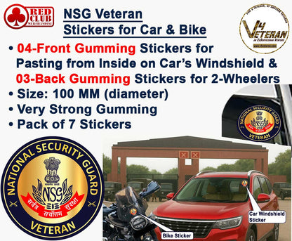 NSG Veteran Car & Bike Stickers – 4 Inside Glass for Cars + 3 Back Gumming for 2-Wheelers (7 pcs)