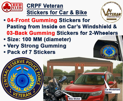 CRPF Veteran Car & Bike Stickers – 4 Inside Glass for Cars + 3 Back Gumming for 2-Wheelers (7 pcs)