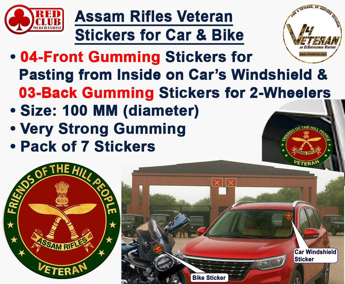 Assam Rifles Veteran Car & Bike Stickers – 4 Inside Glass for Cars + 3 Back Gumming for 2-Wheelers (7 pcs)